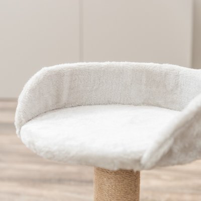 Zoom bild av klösmöbel med lekbas kattleksak klösträd kattklös klöspinne klöspelare kattbädd kattlek trixie grå beige plysch jute