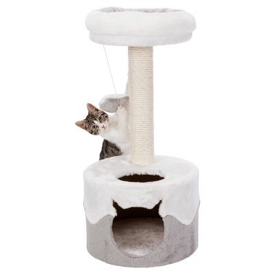Zoom bild av klöspelare klösmöbel kattklös stilren design vit grå koja leksak mjuk plysch bädd kattleksak trixie
