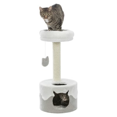 Zoom bild av klöspelare klösmöbel kattklös stilren design vit grå koja leksak mjuk plysch bädd kattleksak trixie