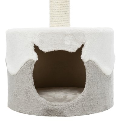 Zoom bild av klöspelare klösmöbel kattklös stilren design vit grå koja leksak mjuk plysch bädd kattleksak trixie