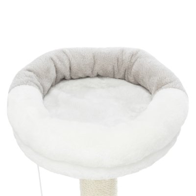Zoom bild av klöspelare klösmöbel kattklös stilren design vit grå koja leksak mjuk plysch bädd kattleksak trixie