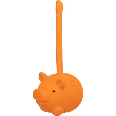 Zoom bild av hundleksak latex latexdjur med svans pip pipleksak gummileksak rolig jaga kasta slänga med ljud trixie rosa grön gul orange