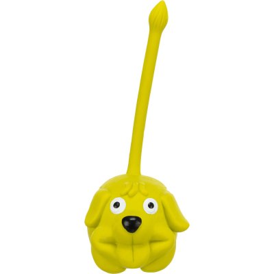 Zoom bild av hundleksak latex latexdjur med svans pip pipleksak gummileksak rolig jaga kasta slänga med ljud trixie rosa grön gul orange