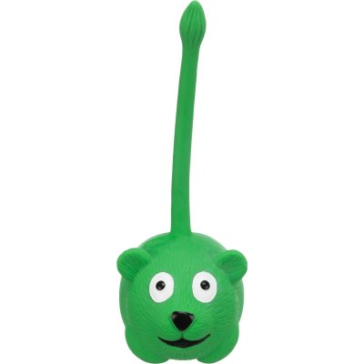 Zoom bild av hundleksak latex latexdjur med svans pip pipleksak gummileksak rolig jaga kasta slänga med ljud trixie rosa grön gul orange