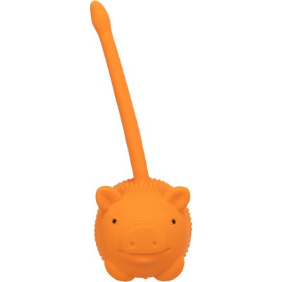 Zoom bild av hundleksak latex latexdjur med svans pip pipleksak gummileksak rolig jaga kasta slänga med ljud trixie rosa grön gul orange