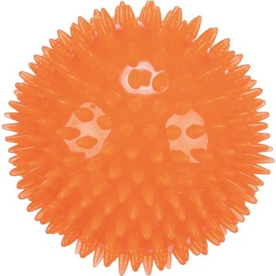Zoom bild av igelkottsboll massageboll flytande boll trixie orange limegrön tprgummi flyter vattenlek hundleksak