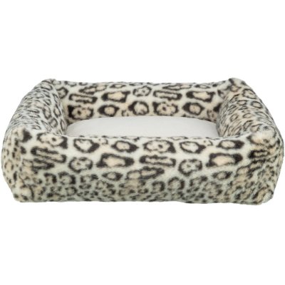 Zoom bild av Trixie Leo bädd rektangulär cream, tre storlekar leopard mönster plysch mysig hundbädd beige