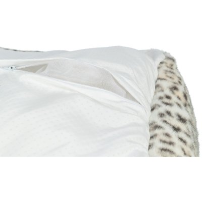 Zoom bild av Trixie Leo bädd rektangulär cream, tre storlekar leopard mönster plysch mysig hundbädd beige