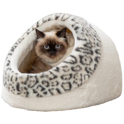 Zoom bild av Trixie Leo igloo, 35 × 26 × 41 cm, creme kattbädd liten hund katt beige leopard plysch