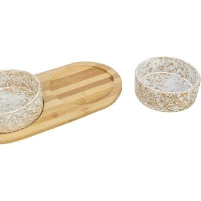 Zoom bild av matbar keramik bambu relief mönstrat vit ecru rutig melange trä trixie två skålar hundmatskål matskålar