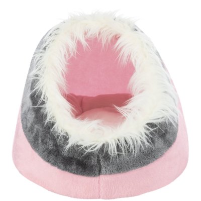 Zoom bild av kattbädd hundbädd igloo krypin koja kattkoja rosa vit grå mysig mjuk antihalk tvättbar trixie