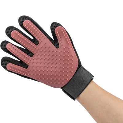 Zoom bild av pälsvårdshandske nät tpr trixie känsliga djur blodcirkulation kam borste kardborre nätmaterial bekväm mild röd rosa svart trixie
