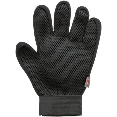 Zoom bild av pälsvårdshandske nät tpr trixie känsliga djur blodcirkulation kam borste kardborre nätmaterial bekväm mild röd rosa svart trixie