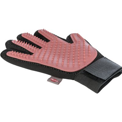 Zoom bild av pälsvårdshandske nät tpr trixie känsliga djur blodcirkulation kam borste kardborre nätmaterial bekväm mild röd rosa svart trixie