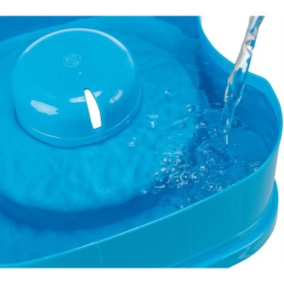 Zoom bild av reseskål vattenskål hundskål antiskvalp antispill spillfri bilskål plast blå grå hund