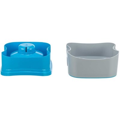 Zoom bild av reseskål vattenskål hundskål antiskvalp antispill spillfri bilskål plast blå grå hund