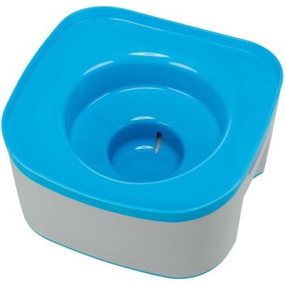 Zoom bild av reseskål vattenskål hundskål antiskvalp antispill spillfri bilskål plast blå grå hund