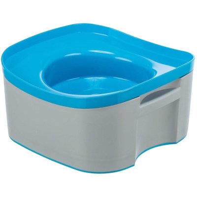 Zoom bild av reseskål vattenskål hundskål antiskvalp antispill spillfri bilskål plast blå grå hund