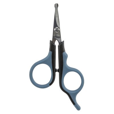 Zoom bild av liten sax rundade bladkanter tass öron nos ansikte känsliga områden fingerstöd sax trimning rostfritt stål plasthandtag gummigre