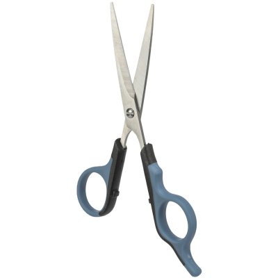 Zoom bild av rak sax pälsvård hund katt smådjur metall plasthandtag gummigrepp fingerstöd trimning päls trixie blå svart 16,5 cm