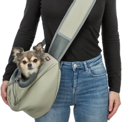 Zoom bild av Trixie Sling frontväska, 50 × 25 × 18 cm, ljusgrön grå handsfree bärväska transportväska fram sidan hundväska valpväska kattväsk