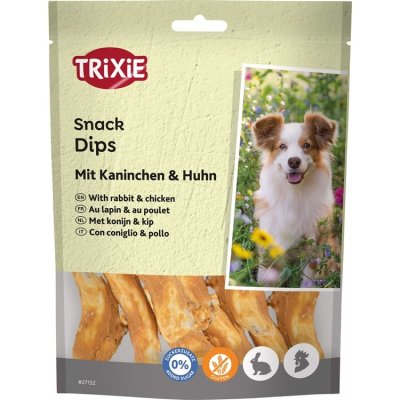 Zoom bild av trixie snack dips med kanin och kyckling lyxigt smakrikt hundgodis hundtugg hundsnacks belöningsgodis kaninben kaninsvansar tugg