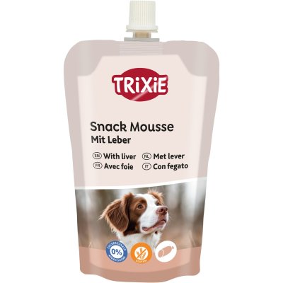 Zoom bild av hundsnack med lever, belöningskräm i tub, Trixie Snack Mousse, spannmålsfri hundgodis, smakrik levermousse, träningsgodis för hu