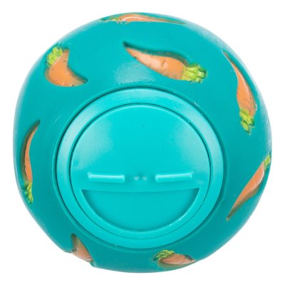 Zoom bild av godisboll snacksboll aktiveringsboll aktivitetskula gnagare morot plast justerbar blandade färger trixie ljusblå vit orange