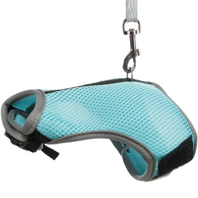 Zoom bild av kaninsele dvärgkanin sele seleset set sele koppel 25-35 cm 1,20 meter trixie blå rosa grön mesh