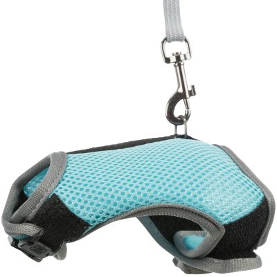 Zoom bild av sele koppel mjuk sele softsele mesh polyester marsvin iller smådjur gnagare grön blå röd trixie