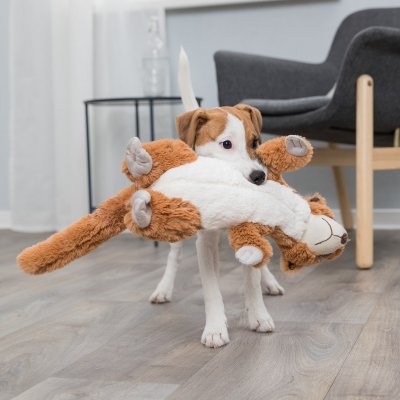 Zoom bild av hundleksak surikat mjukdjur gosdjur plyschleksak med pip mjuk plysch fylld för hund brun beige grå trixie