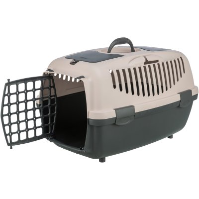 Zoom bild av transportbur hundbur kattbur plastbur med handtag lucka grå beige