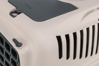 Zoom bild av transportbur hundbur kattbur plastbur med handtag lucka grå beige