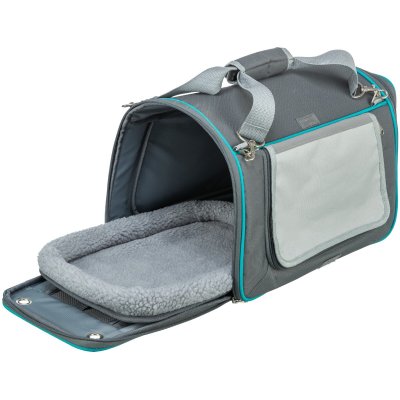 Zoom bild av Trixie Transportväska Vicky, 40 × 27 × 28 cm, grå turkos hundväska kattväska kaninväska tygbur transportbur hund katt kanin småd