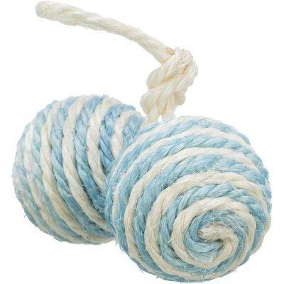 Zoom bild av kattleksak sisal boll klösboll rep sisalrep klovårdande bra för klorna blandade färger grå rosa vit blå gul trixie