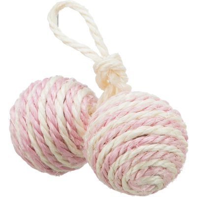 Zoom bild av kattleksak sisal boll klösboll rep sisalrep klovårdande bra för klorna blandade färger grå rosa vit blå gul trixie