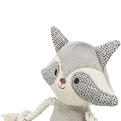 Zoom bild av hundleksak mjukdjur gosdjur tvättbjörn grå med rep stadig robust leksak tyg plysch hållbar trixie raccoon