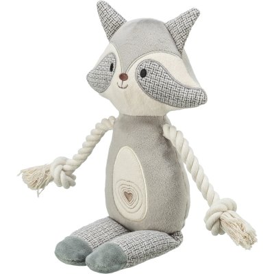 Zoom bild av hundleksak mjukdjur gosdjur tvättbjörn grå med rep stadig robust leksak tyg plysch hållbar trixie raccoon