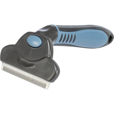 Zoom bild av ullkarda carding karda underull tovkam ullkniv hundkarda kattkarda pälsvård urtunnande skär blå svart trixie utbytbara skär enke