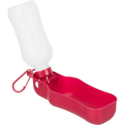 Zoom bild av vattenflaska promenadflaska reseskål hundskål vattenskål flaska promenad hundpromenad camping hund röd svart plast ihopfällbar k