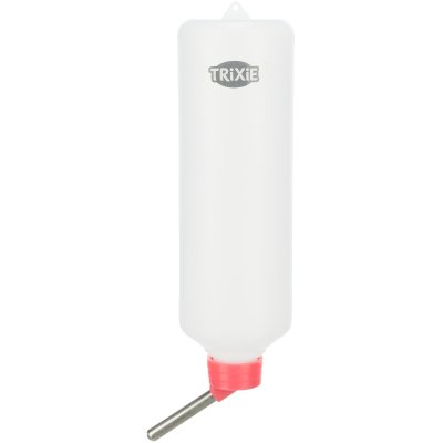 Zoom bild av vattenflaska smådjur gnagare kanin marsvin hamster plastflaska hänga på buren galler ögla hänga upp vattenhållare trixie rosa gr