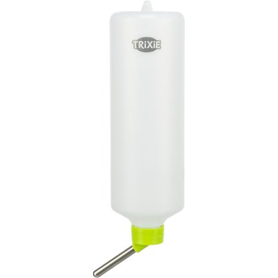 Zoom bild av vattenflaska smådjur gnagare kanin marsvin hamster plastflaska hänga på buren galler ögla hänga upp vattenhållare trixie rosa gr