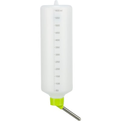 Zoom bild av vattenflaska smådjur gnagare kanin marsvin hamster plastflaska hänga på buren galler ögla hänga upp vattenhållare trixie rosa gr