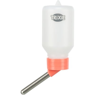 Zoom bild av vattenflaska smådjur gnagare kanin marsvin hamster plastflaska hänga på buren galler ögla hänga upp vattenhållare trixie rosa gr