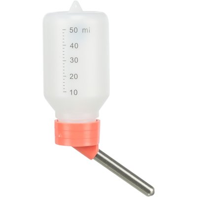 Zoom bild av vattenflaska smådjur gnagare kanin marsvin hamster plastflaska hänga på buren galler ögla hänga upp vattenhållare trixie rosa gr