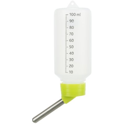 Zoom bild av vattenflaska smådjur gnagare kanin marsvin hamster plastflaska hänga på buren galler ögla hänga upp vattenhållare trixie rosa gr