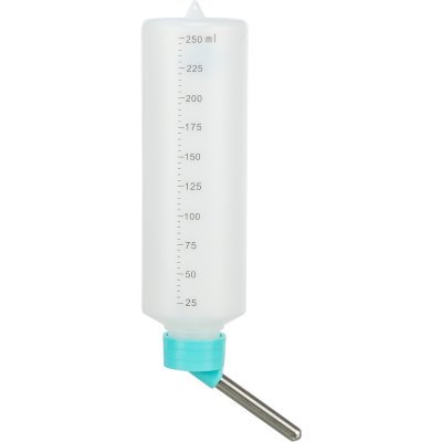 Zoom bild av vattenflaska smådjur gnagare kanin marsvin hamster plastflaska hänga på buren galler ögla hänga upp vattenhållare trixie rosa gr