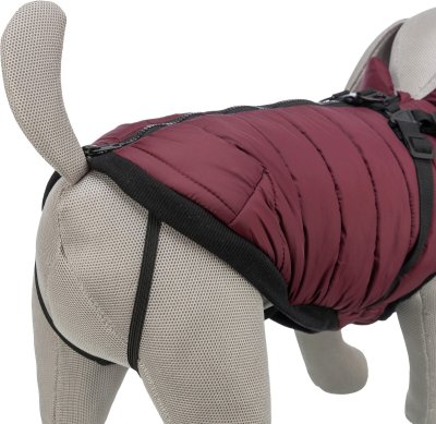 Zoom bild av hundtäcke vintertäcke hundjacka vinterjacka hund med sele inbyggd vinröd sangria ställbar mjuk dragkedja justerbar trixie röd sv