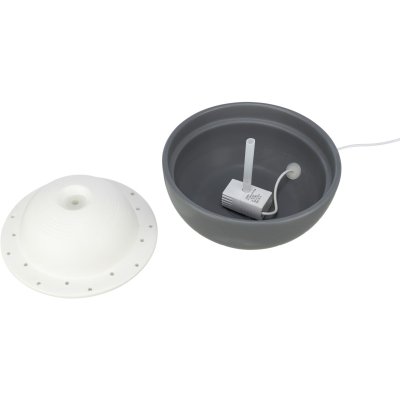 Zoom bild av vattenfontän kattfontän hundfontän fontän vatten dricker för lite syresatt urinvägar katt hund keramik grå vit trixie