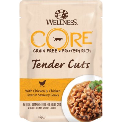 Zoom bild av kattfoder kattmat blötmat våtfoder kyckling kycklinglever i sås spannmålsfri proteinrik naturlig balanserat komplett wellness co